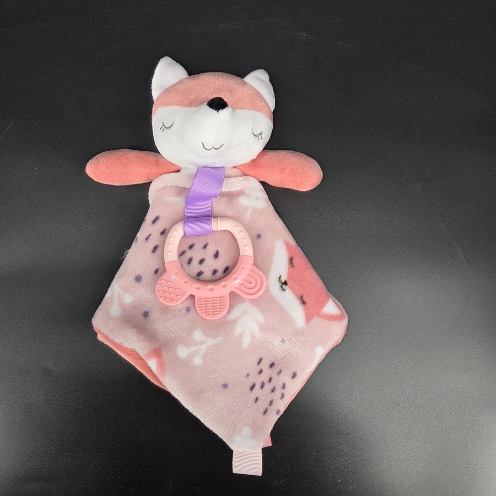 Pink Fox Baby Security Blanket Plush Lovey with Attached Silicone Teether Toy